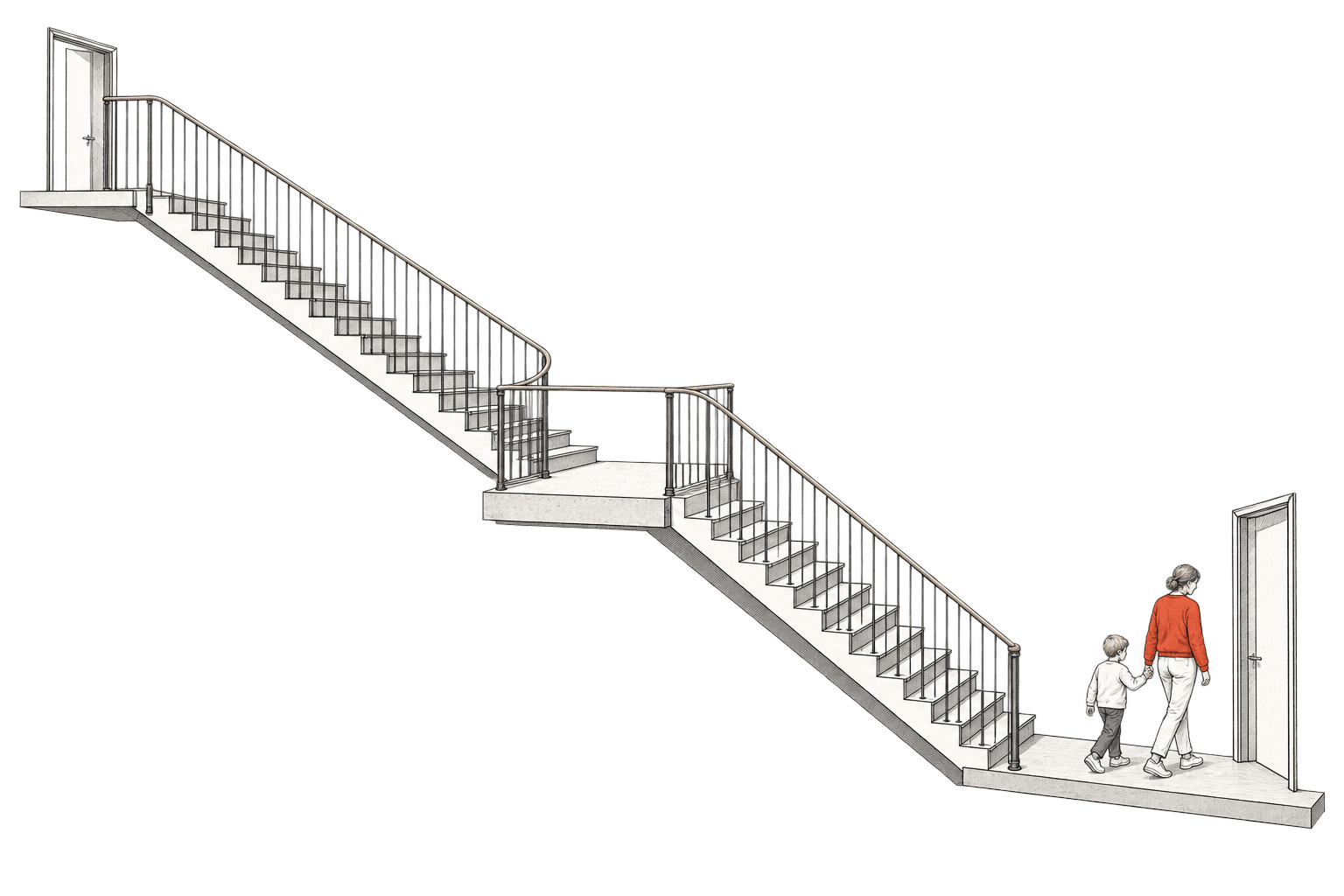 Avatud trepp viib alumisele mademele, kus täiskasvanu ja laps suunduvad väljapääsu poole.